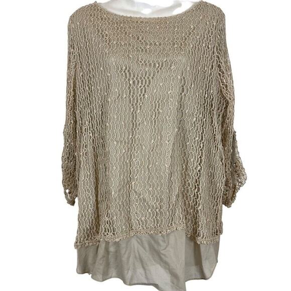 Chicos Womens Boho Cottagecore Neutral Beige Cotton Blend Top Longline Shirt L 2 - Picture 1 of 16